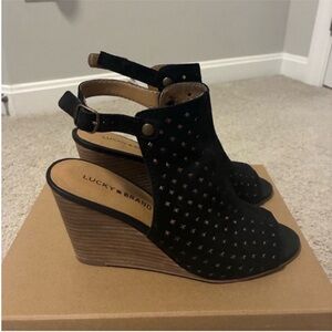Lucky Brand Black Regina Wedge with Lasercut Detail